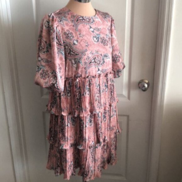 CODE X MODE Dress Paisley Tiered Ruffle Pleated Skirt Pink Green Sz.L - Picture 11 of 12